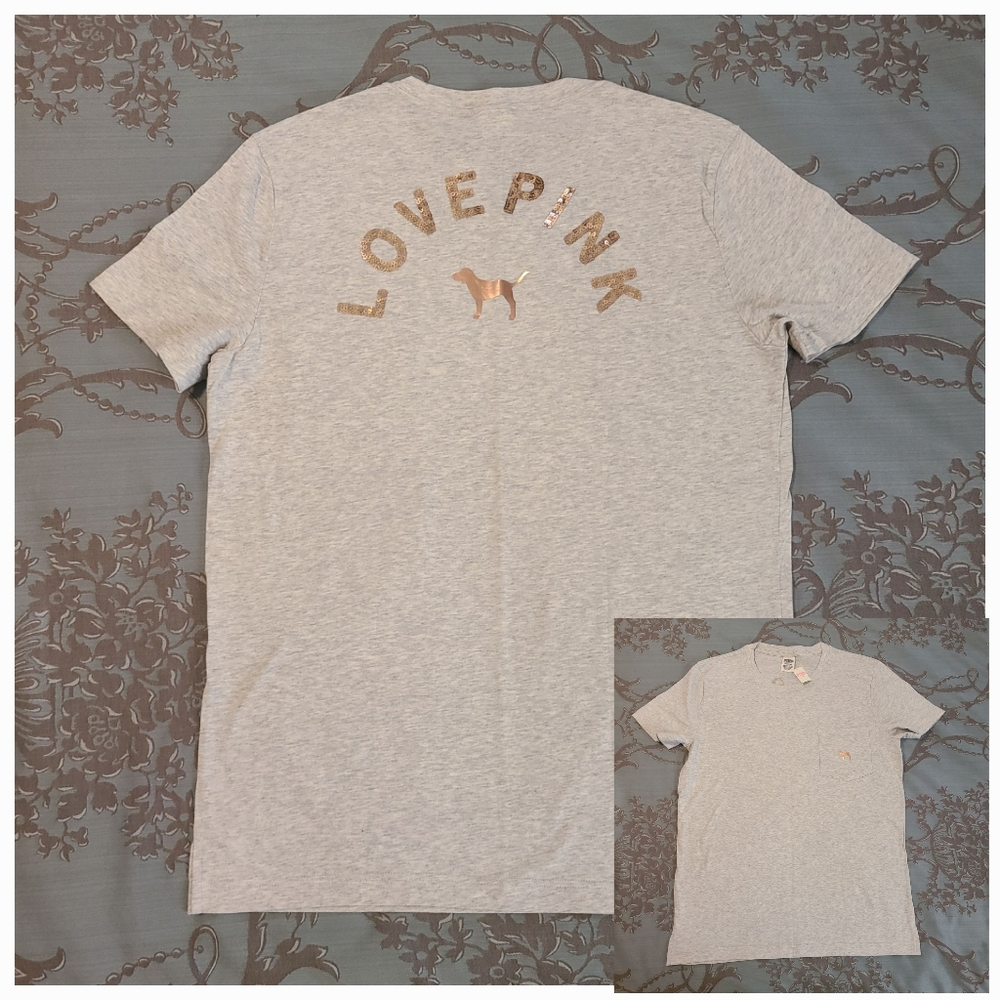 Victoria's Secret PINK Bling Crewneck Short Sleeve Tee Gray Women Size Small